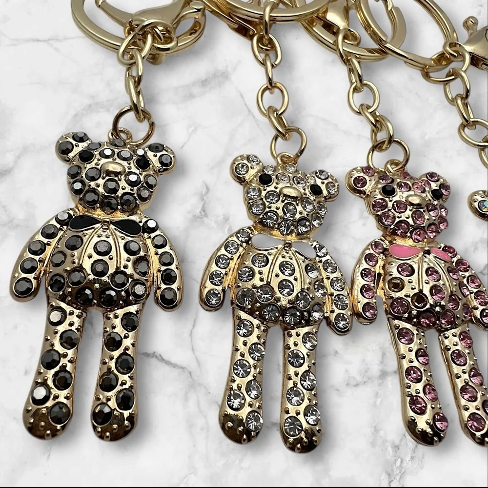 Gold Toned Coquette 2” Teddy Bear Keychain with Clear Rhinestones and Bow
